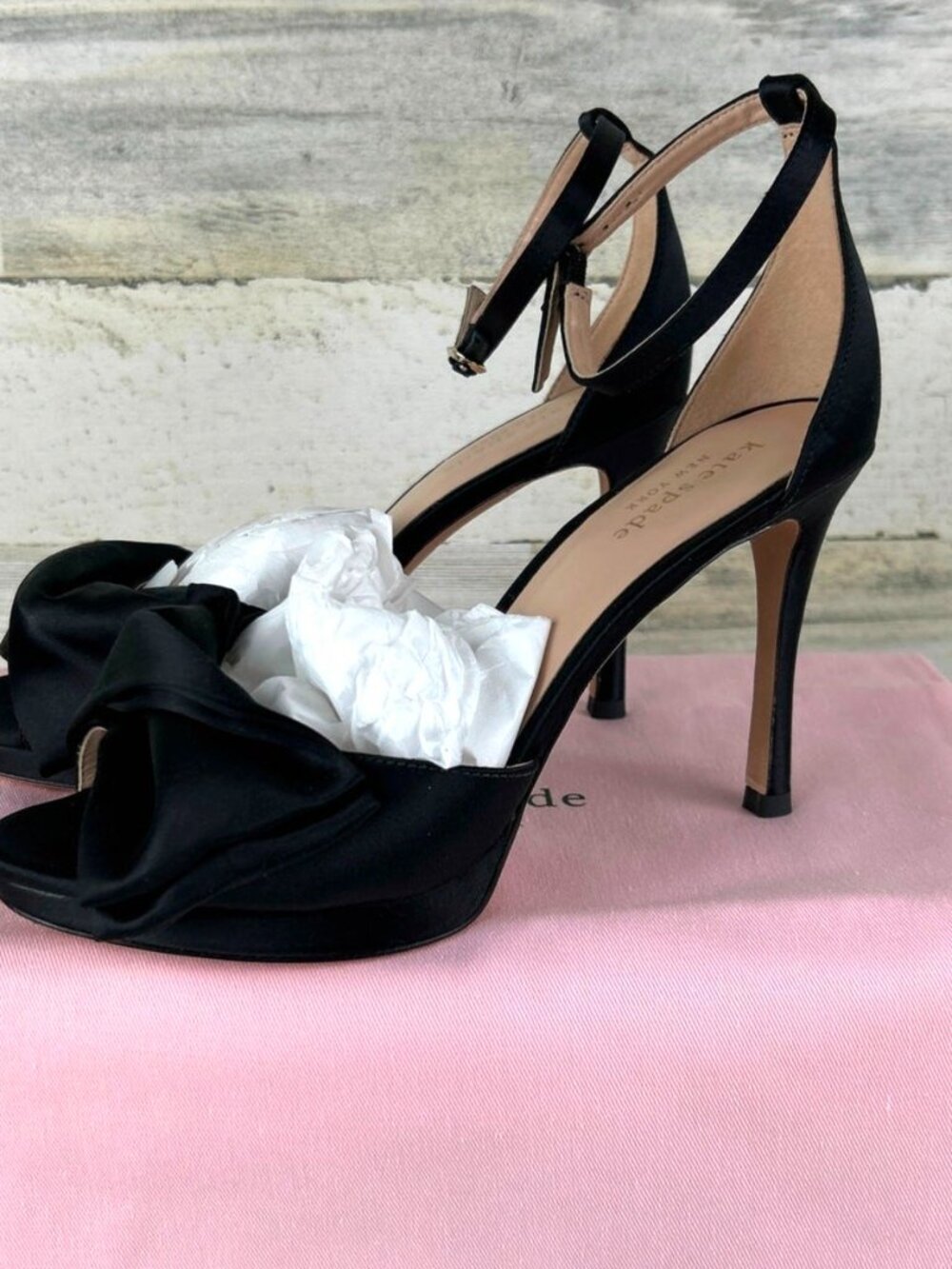 Kate Spade Womens 6.5 Black Satin Bridal Bow Platform Sandal Pumps NEW